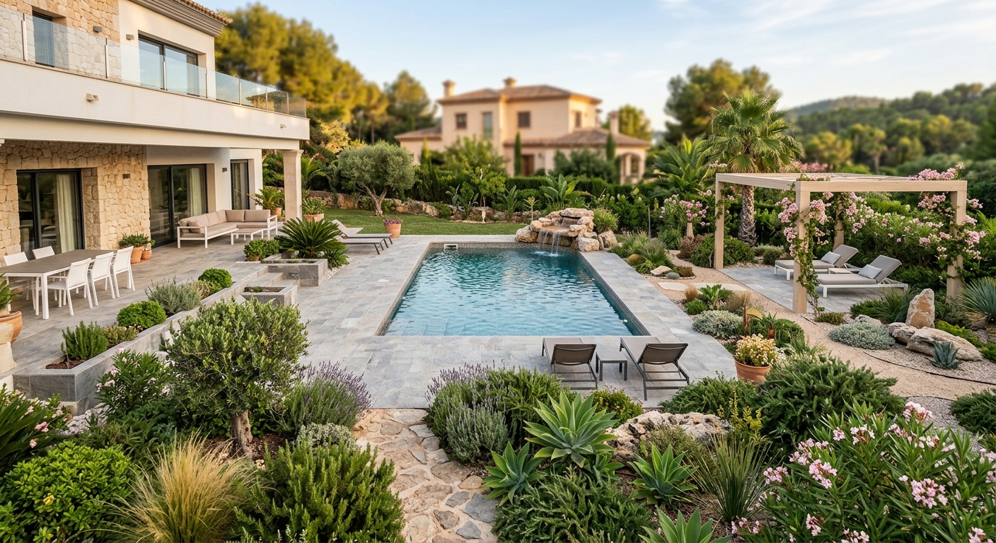 piscina y jardín